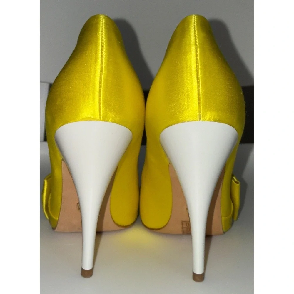 Tory‎ Burch Yellow Satin Bow Pointed Toe Pumps White Stiletto Heels Womens 5.5